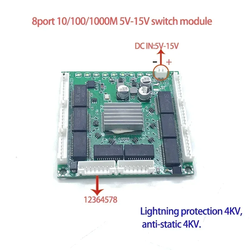 Mini PCBA 8Ports Networkmini ethernet switch module 10/100/1000Mbps 5V-15V Lightning protection 4KV, anti-static 4KV