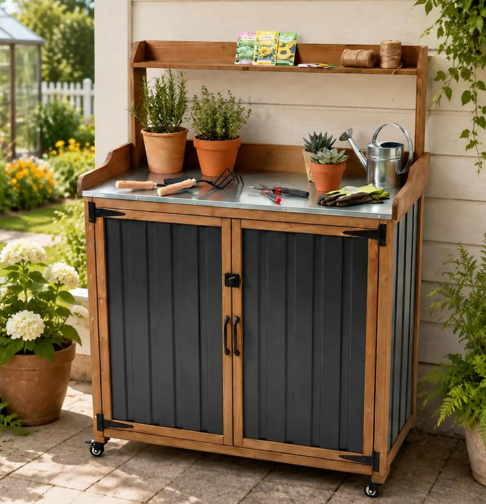 Mobile Garden Potting Bench with Storage Cabinet, Lockable Wheels & Adjustable Shelf, Waterproof Top Outdoor
