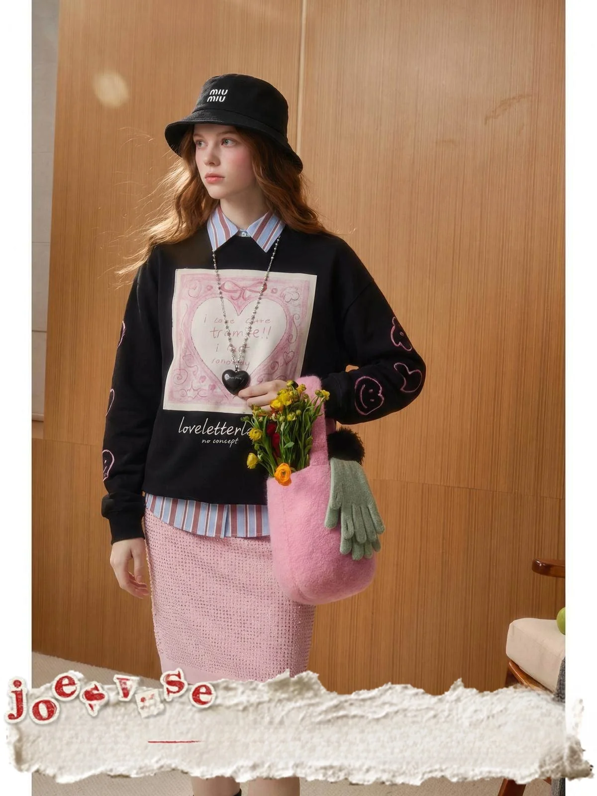 

Fluffy Fce Hooded Sweatirt Women's round Ne Print T-irt Loose Fit Long Sve Love Pattern Bla Sweatirt