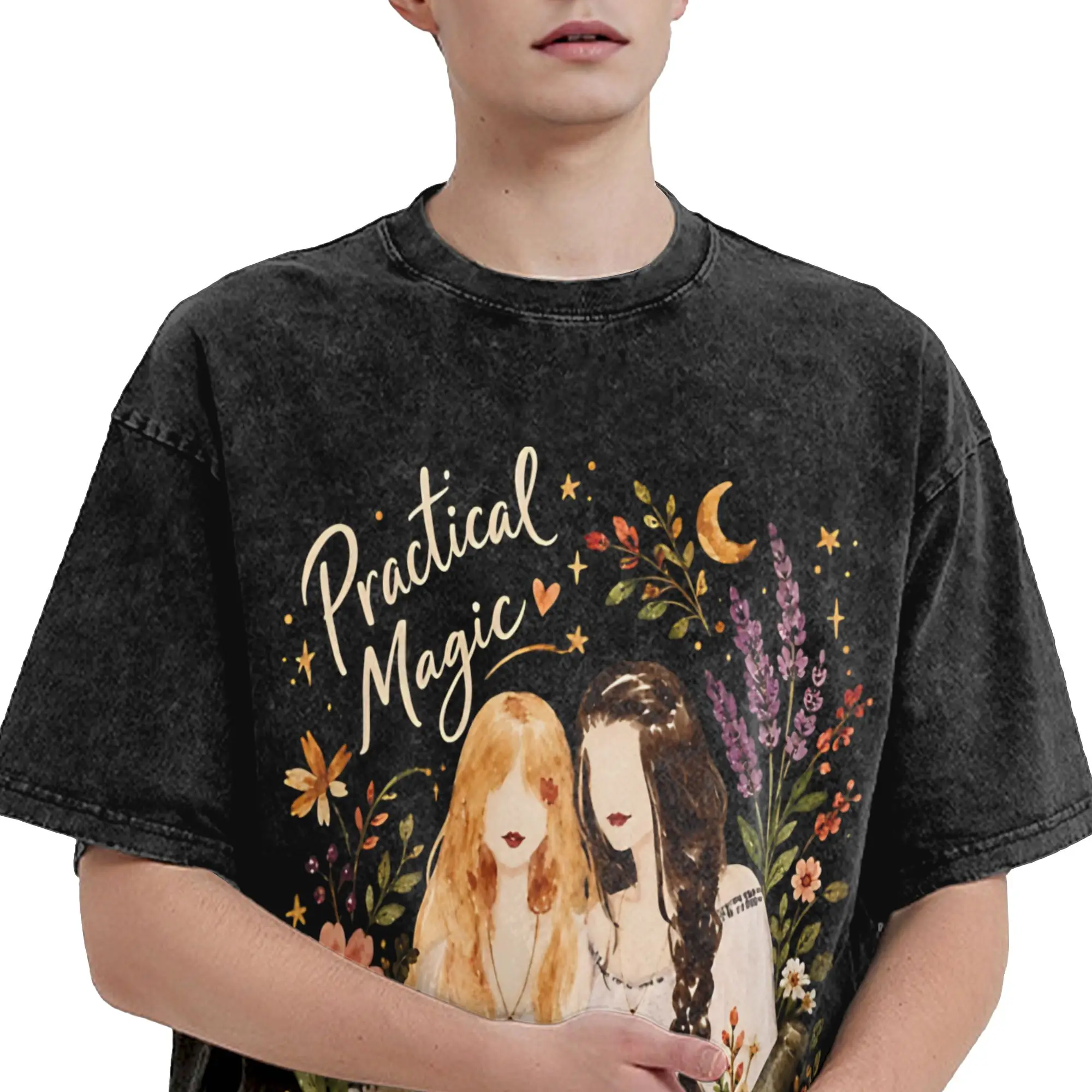 Harajuku Washed Shirt Practical Magic Witchcraft Witches Spellbook Herbalism T Shirt Oversize  Streetwear Short Sleeve