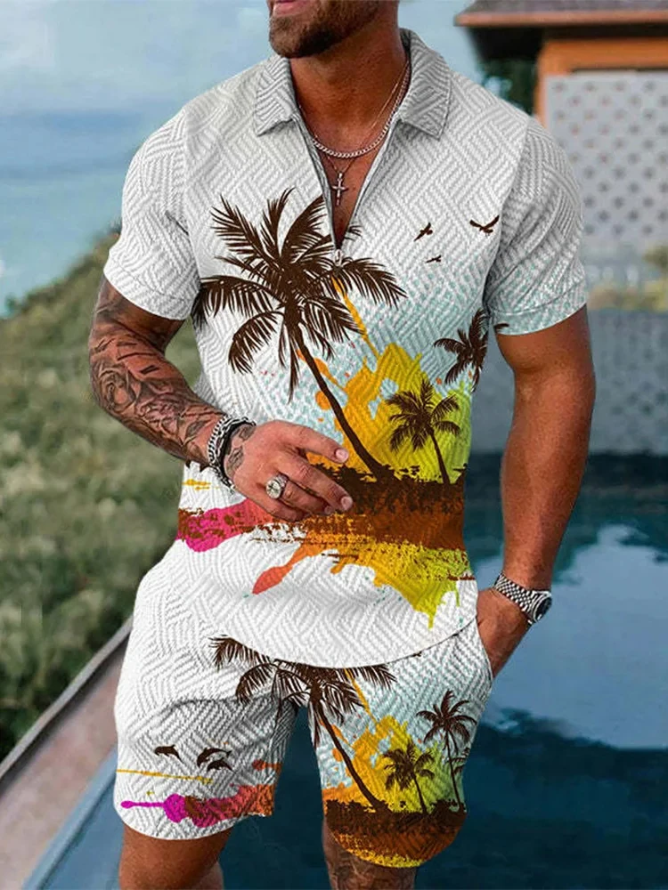 Hawaiian Coconut Tree 3D Print Men\'s Zipper Collar Tracksuit Summer Trend Polo Shirt Shorts 2pcs Sets Men\'s Streetwear Set