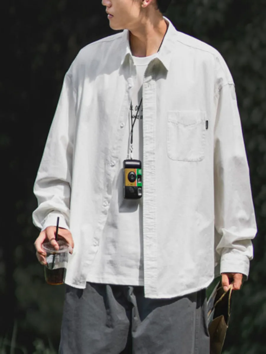 Solid Men's Loose Fit Casual Cargo Shirt Jacket Spring Autumn Chic Long Sleeve Cardigan Lapel Jacket Fashion Trendy Brand