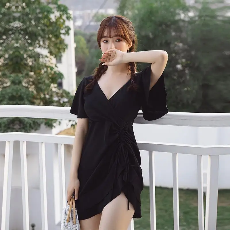 Women One Piece Swimsuit Dress Short-sleeve Off Shoulder Ruffle Beach Wear Bathing Suit Monokini Swimwear