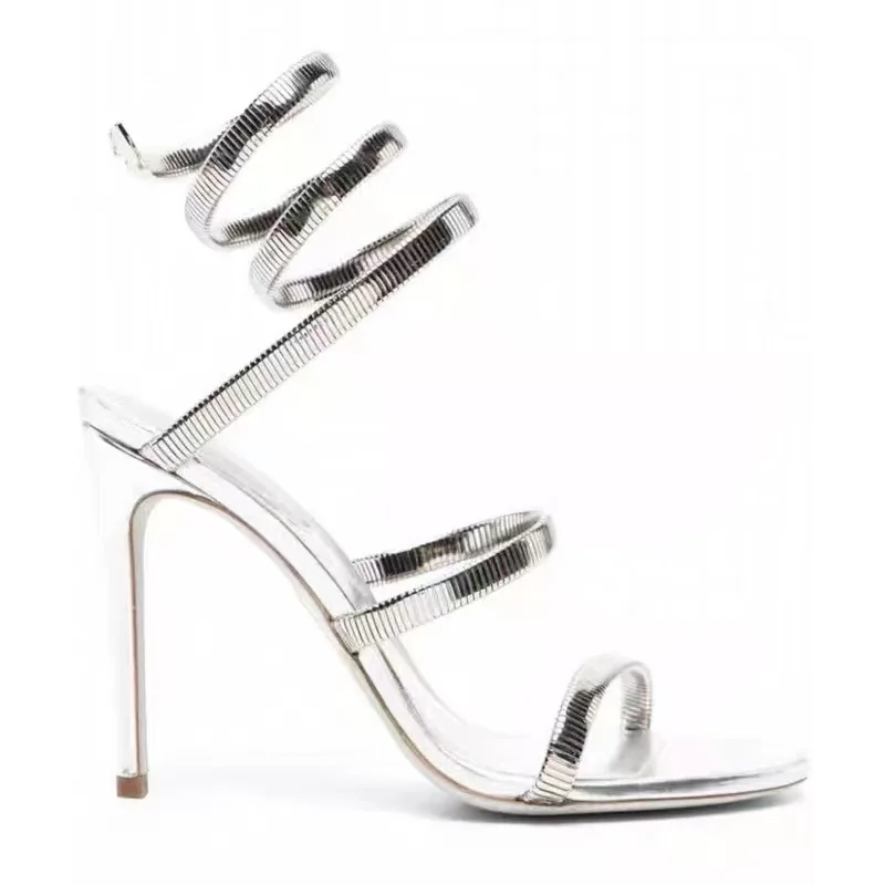 Givencci Wrap Ankle Strap Sandales à Talons Stiletto Super High Heels Round Peep Toe Silver Gold Color Women Sandals Dress Party