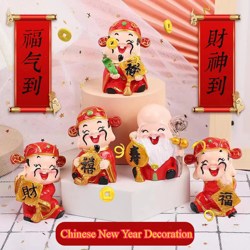 Set of 5 Mini Decorations Featuring The God of Wealth Resin for Celebrating Chinese New Year with a Festive Red Theme.