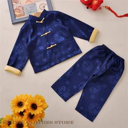 Kids Tang Suit Traditional Chinese Dragon New Year Costume Hanfu Retro Jacquard Oriental Clothing Spring New Long Sleeve Pants
