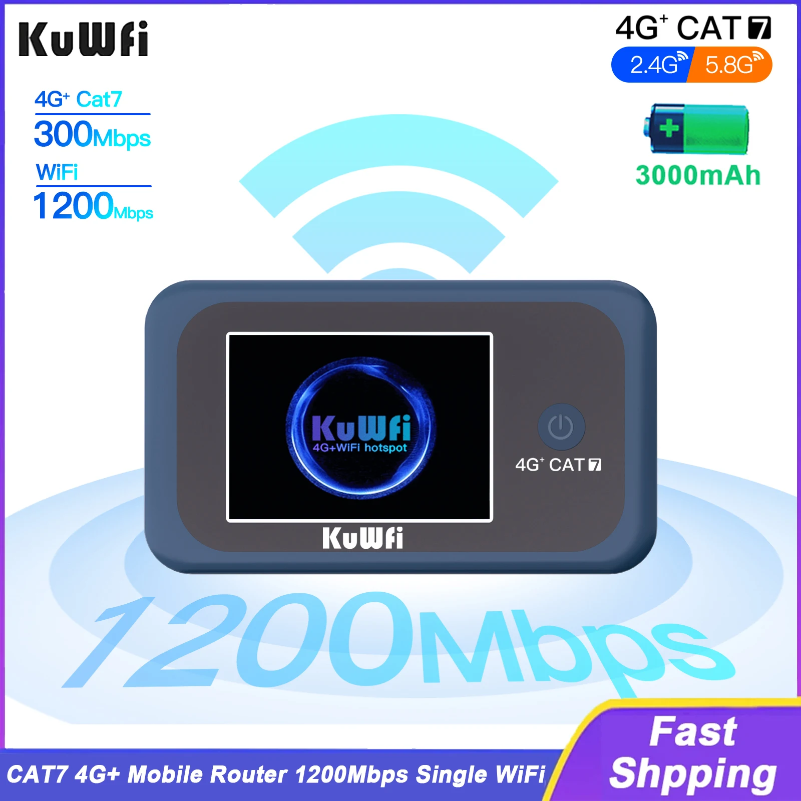 

KuWFi CAT7 4G+ Mobile Router AC1200 2.4G 5G Single Band WiFi Portable Travel 4G Modem 3000mAh Battery Mirco SIM Slot 10 Users