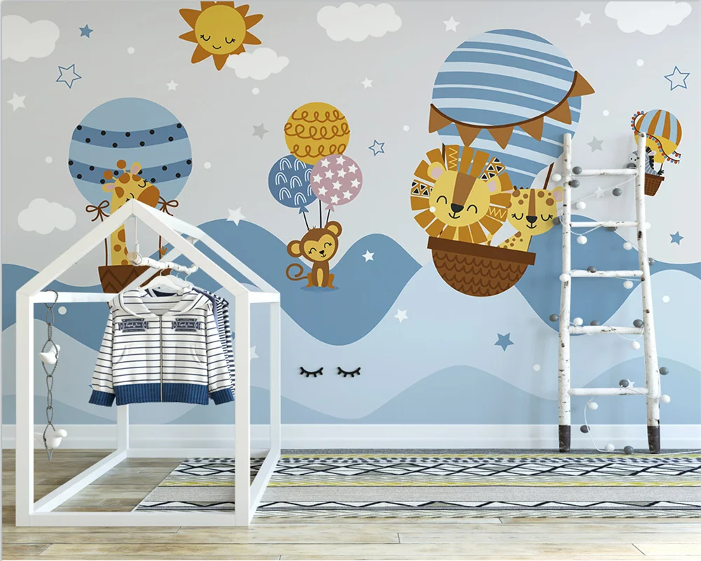 beibehang papel de parede Custom Modern Nordic Hand Painted Hot Air Balloon Small Animal Children's Bedroom Background Wallpaper