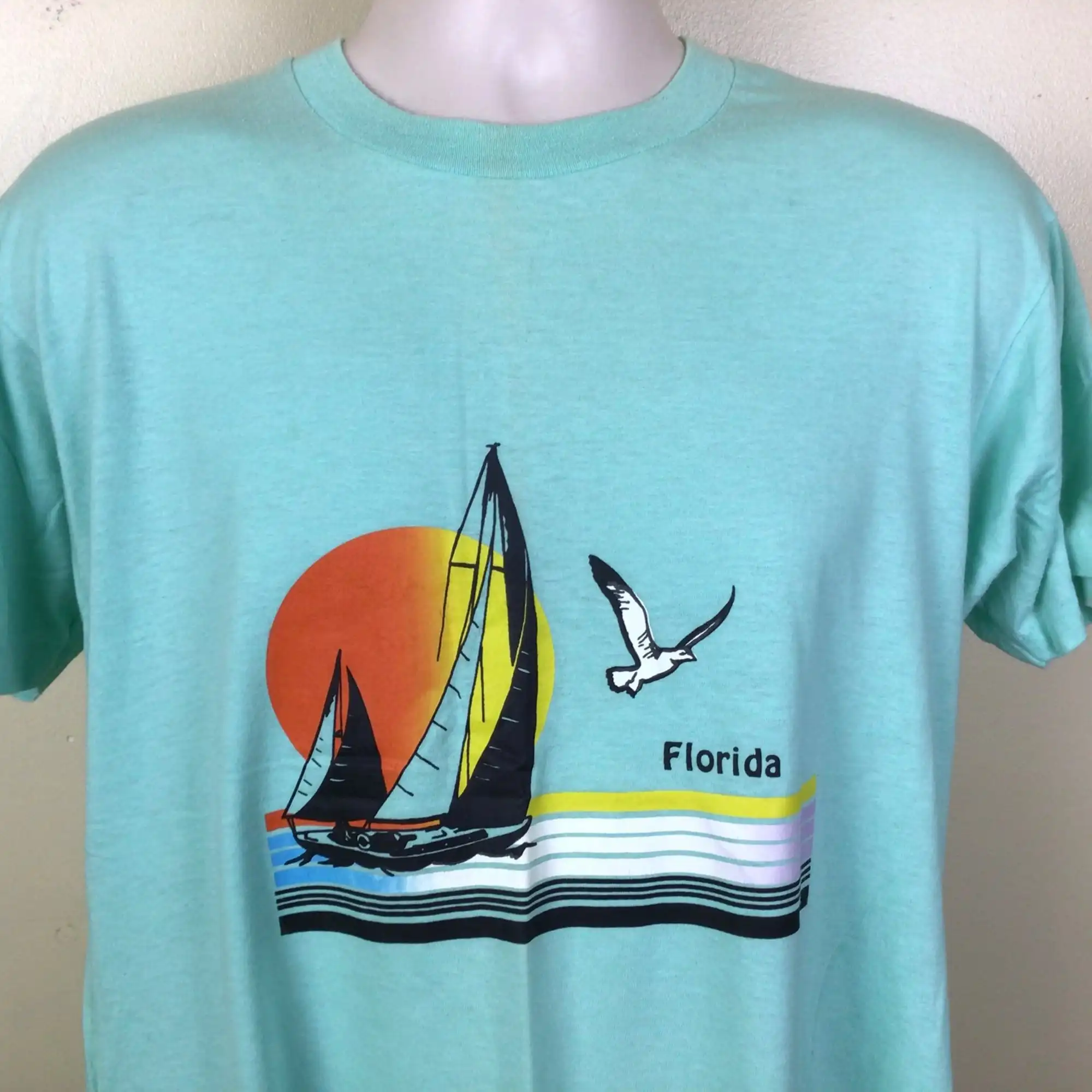 Vtg 80s Florida TShirt L/XL Screen Stars Sailboat Sunset Seagull Tourism Destination