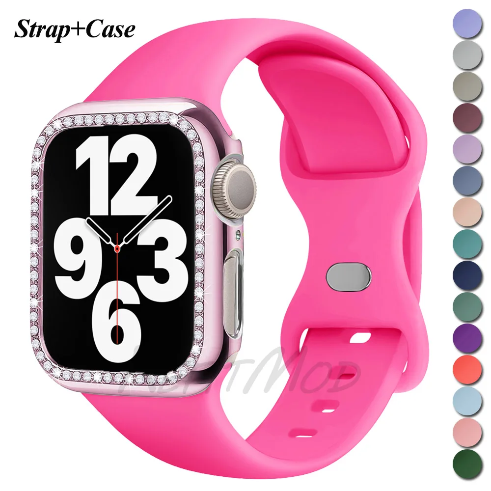 Diamond Case+Silicone Strap for Apple Watch Band 49/45/44/42/41/41/38mm Soft Silicone for iWatch SE Series 9 8 7 6 5 4 3 2 Cover