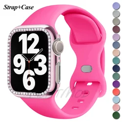 Diamond Case+Silicone Strap for Apple Watch Band 49/45/44/42/41/41/38mm Soft Silicone for iWatch SE Series 9 8 7 6 5 4 3 2 Cover