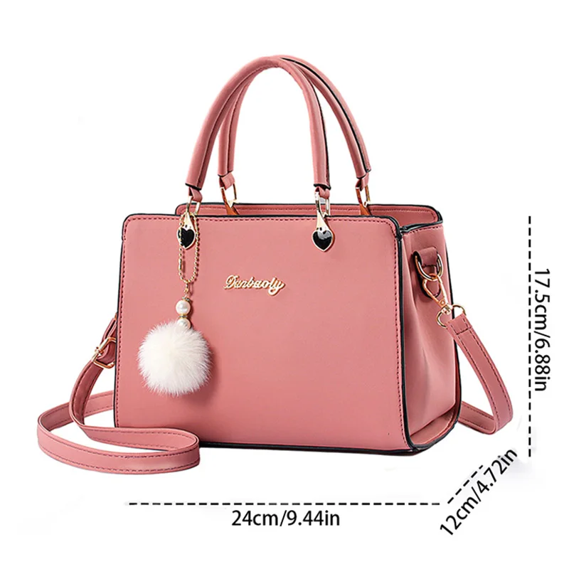 Women Plush Ball Decor Handbag Fashion Satchel Bag Stylish Purse and Tote Bag PU Leather Top Handle Shoulder Bags