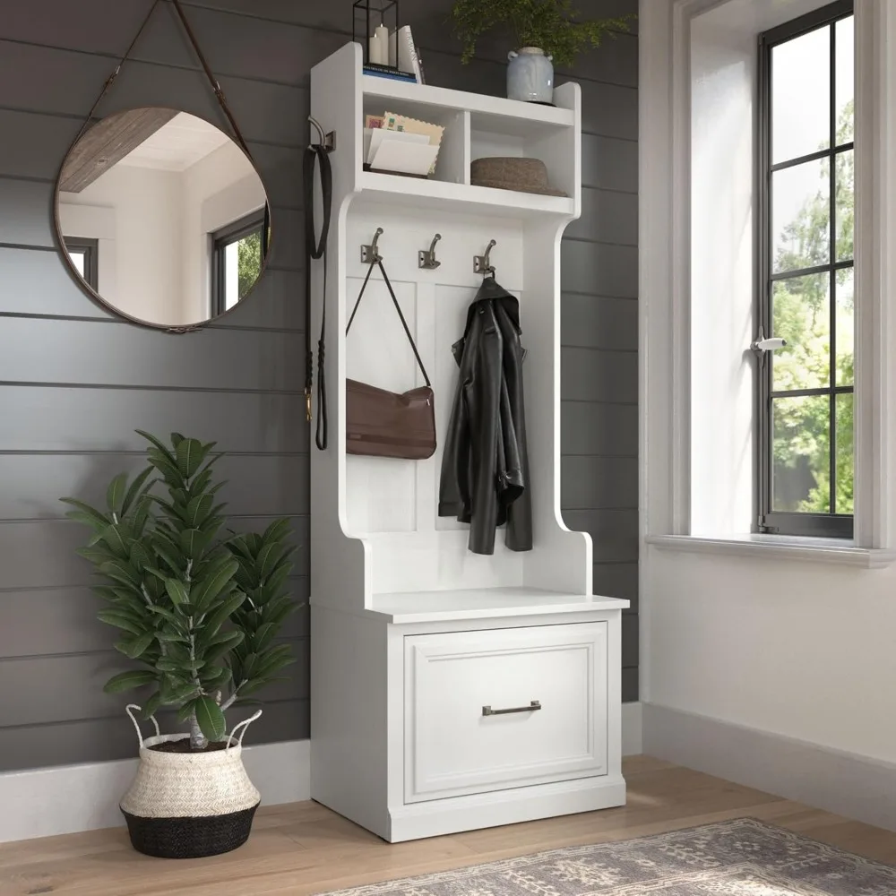 69-Inch Hall Tree and Small Shoe Bench with Drawer and 2 Shelves, White Ash