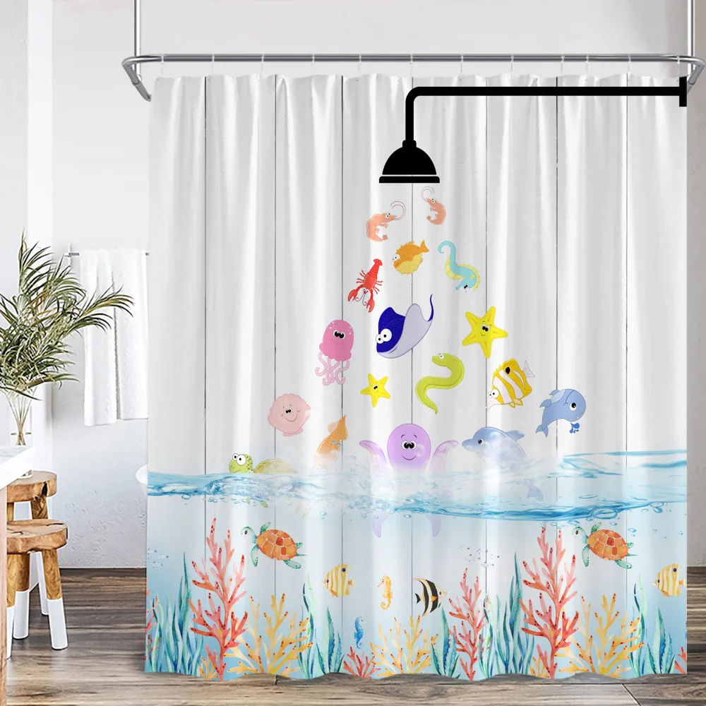 Funny Animal Cartoon Shower Curtain Ocean Life Dog Bathing Cat Kid Bathroom Decor Children Polyester Bath Curtain with Hooks