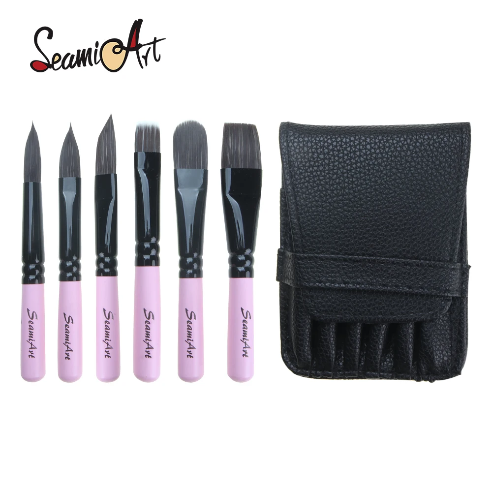 SeamiArt - Juego de 6 pinceles de viaje de nailon con mango corto y bolsa de cuero, pinceles para acuarela y gouache, para artistas y materiales de arte