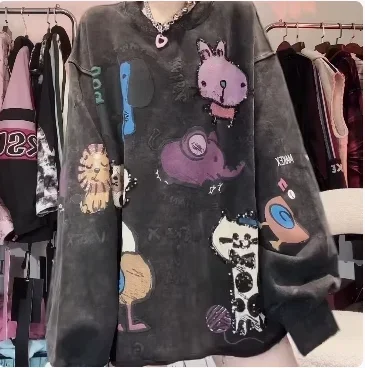 Pull à col rond pour femme, haut à manches longues, vêtements Kawaii, épissage, document PVD, dessin animé, printemps, automne