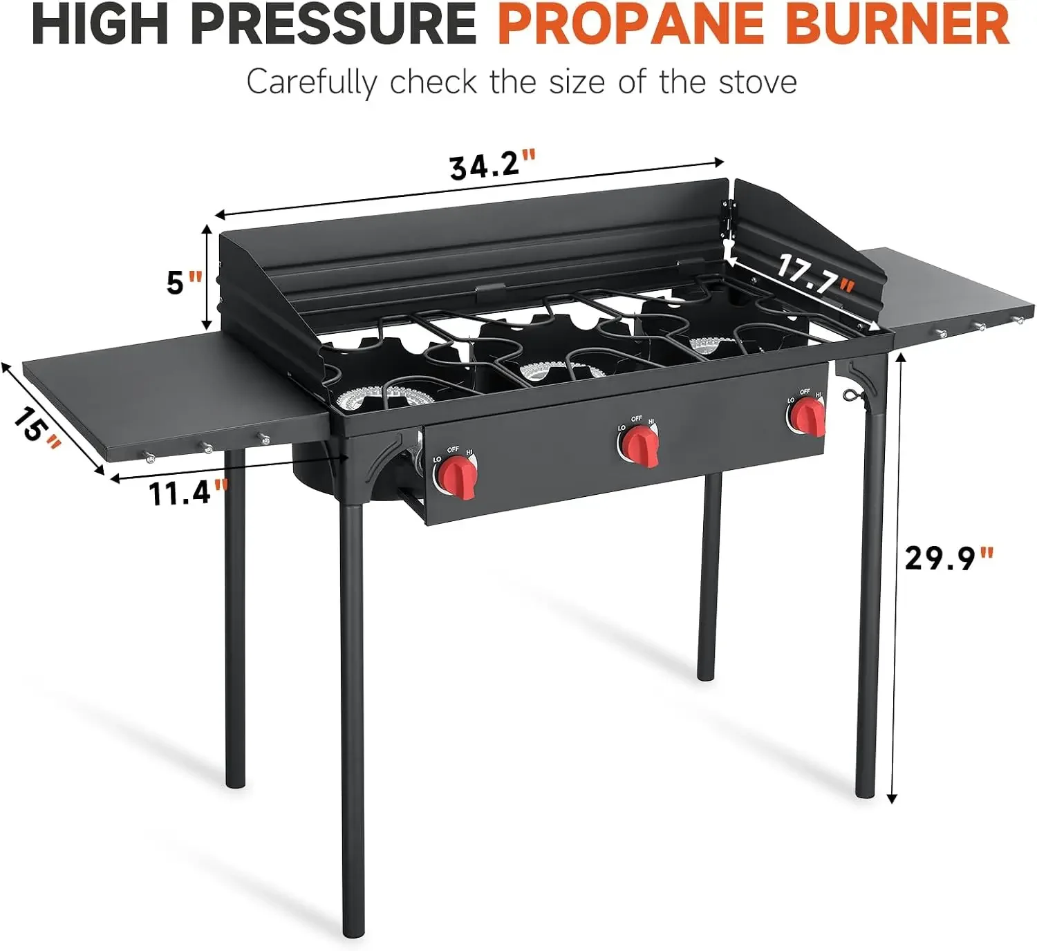 3 Burner Propane Burner, 225,000 BTU High Pressure Propane Stove with Windscreen & Side Shelves, Outdoor Propane Gas Stove