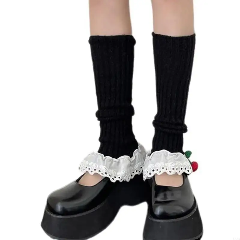 

Y88A Women Ruffled Lace Trim Leg Cover Socks Ribbed Knit Cherry Bows Leg Warmer