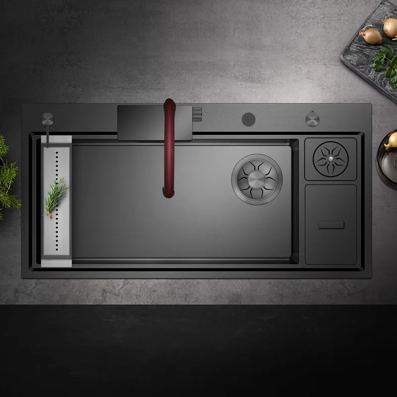 ASRAS Kitchen Sink Handmade Nano Grey Large Single Sink with Built in Garbage Can and Cup Cleaning Device