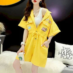 Denim Jumpsuits Loose Korean Style Casual Short Sleeve Playsuits One Piece Outfits Women Clothing Lace-up Waisted Wide Leg Pants