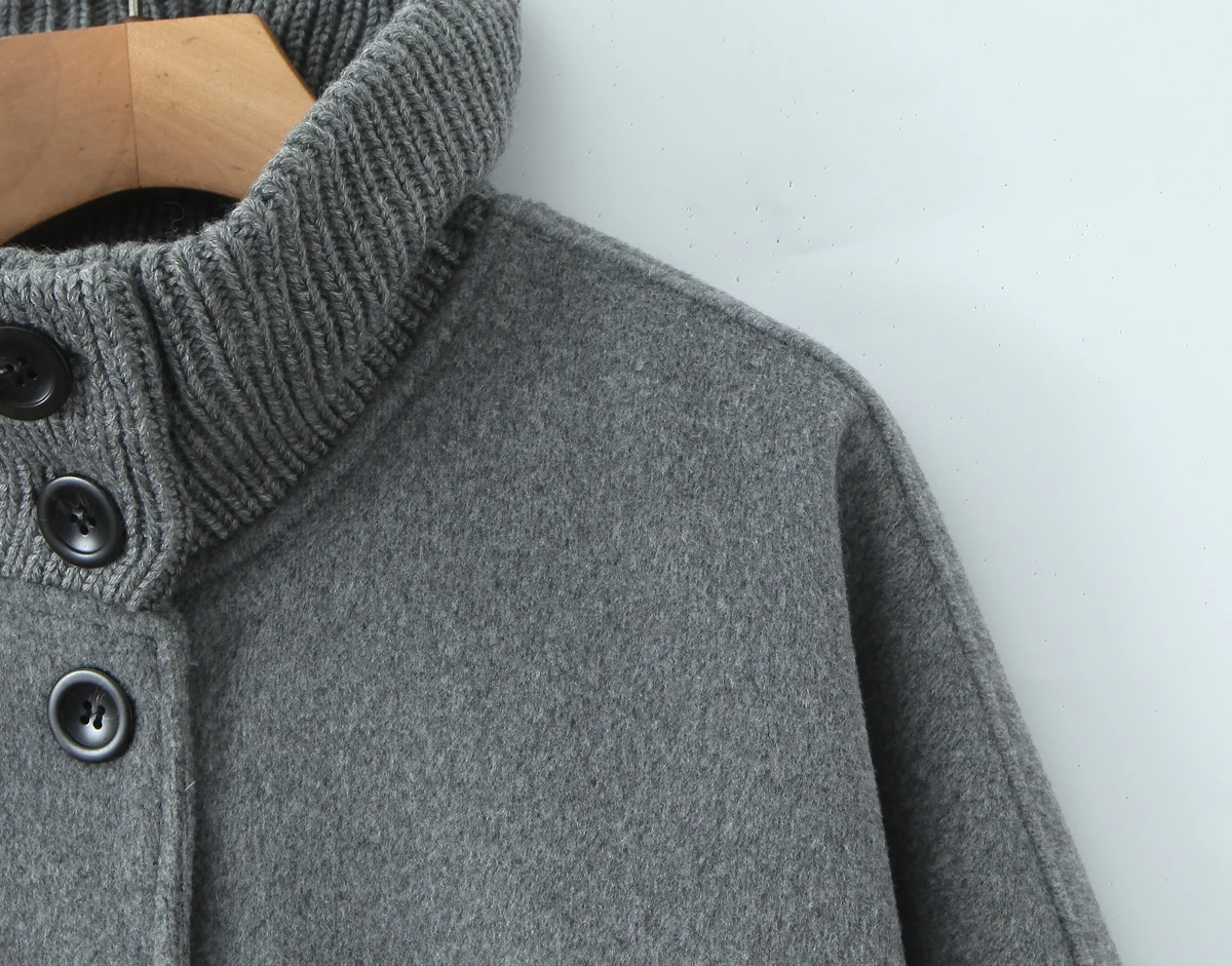 3 ألوان جديد الخريف الشتاء رمادي أشعث فو الفراء الجبهة جيب معطف الصوف المرأة الوقوف طوق أزرار مفتوحة ميدي خندق ملابس خارجية #5