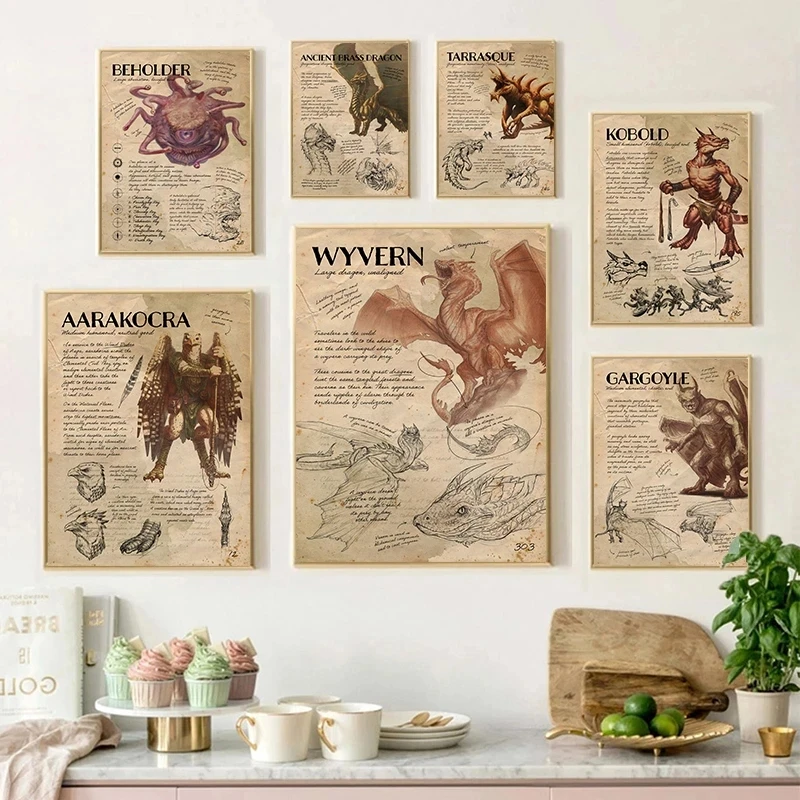 Vintage Horror Monster Manual Posters Gnoll Wyvern Dinosaur Canvas Painting Print Wall Art Picture Home Living Room Decoration