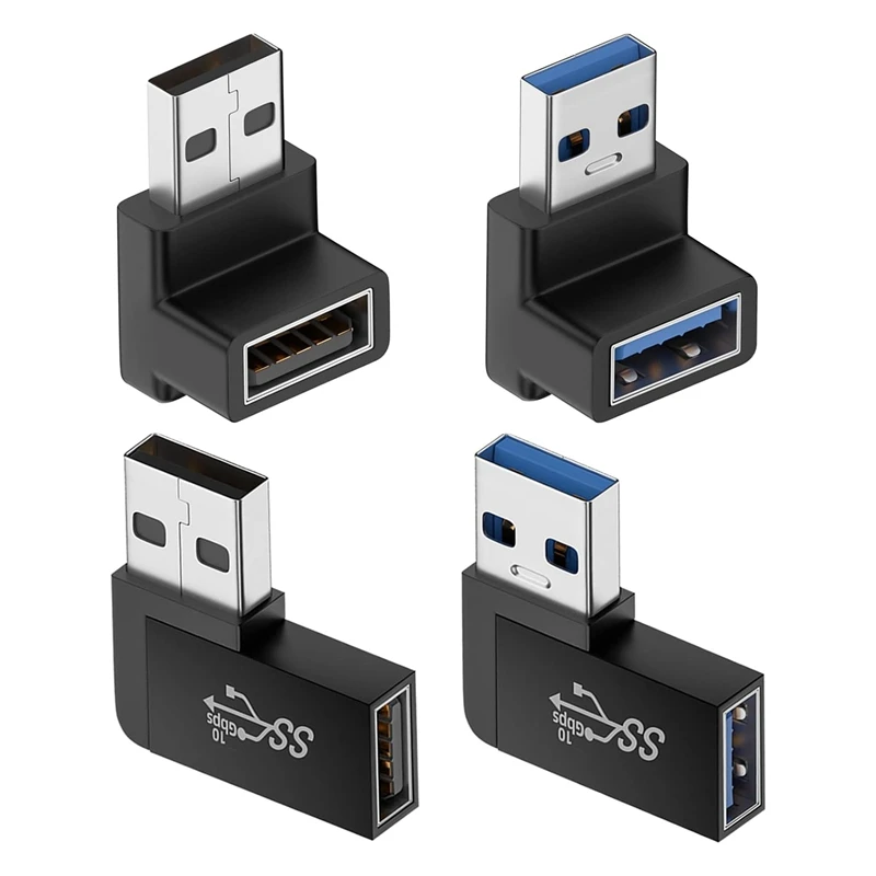 4 Pack USB 3.0 Adapter Vertical Up And Down Angle, Horizontal Left And Right Angle USB Male To Female Extender Connector Durable