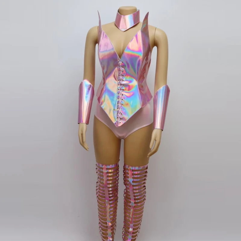 بار ملهى ليلي Dj Ds Gogo ملابس رقص النساء الوردي الليزر الساقين غطاء جوفاء مثير القطب الرقص الملابس الهذيان الزي المرحلة ارتداء XS8832