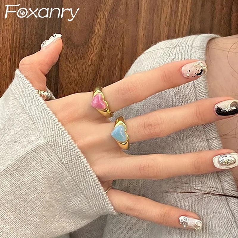 Foxanry Simple Sweet Style Gold Color Rings for Women Fashion Creative Drop Glaze Love Heart Holiday Party Jewelry Gifts Кольцо