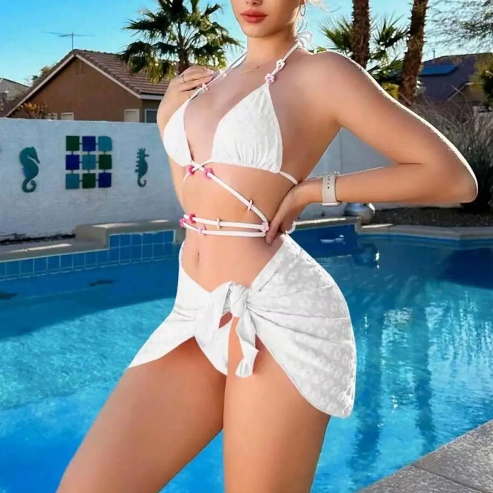 Stretchy Swimsuit Three-piece Women Swimsuit Criss Cross Lace-up Bikini Set with Thong Cover Up Skirt Sexy Women's for Beach