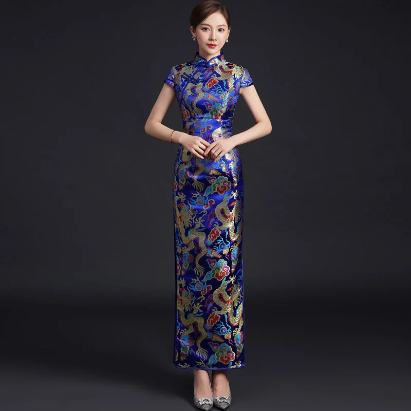 Blue New Chinese Style Cheongsam Evening Dress 2025 Women's Long Retro Mandarin Collar Dragon Satin Evening Party Qipao Dress