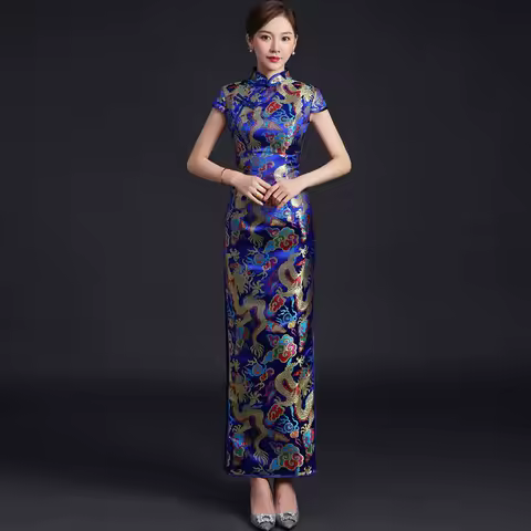 Blue New Chinese Style Cheongsam Evening Dress 2025 Women's Long Retro Mandarin Collar Dragon Satin Evening Party Qipao Dress