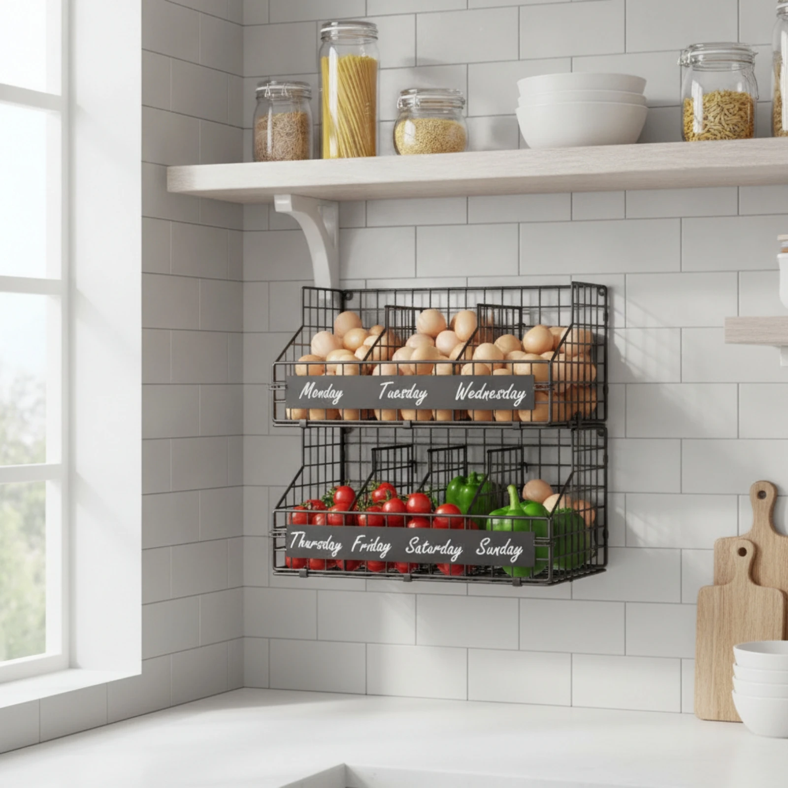 Egg Organizer Wall-Mounted Wire Storage Rack with Baskets Two-Tier Basket Rack Ventilated Sturdy for Families, Kitchen, Pantry