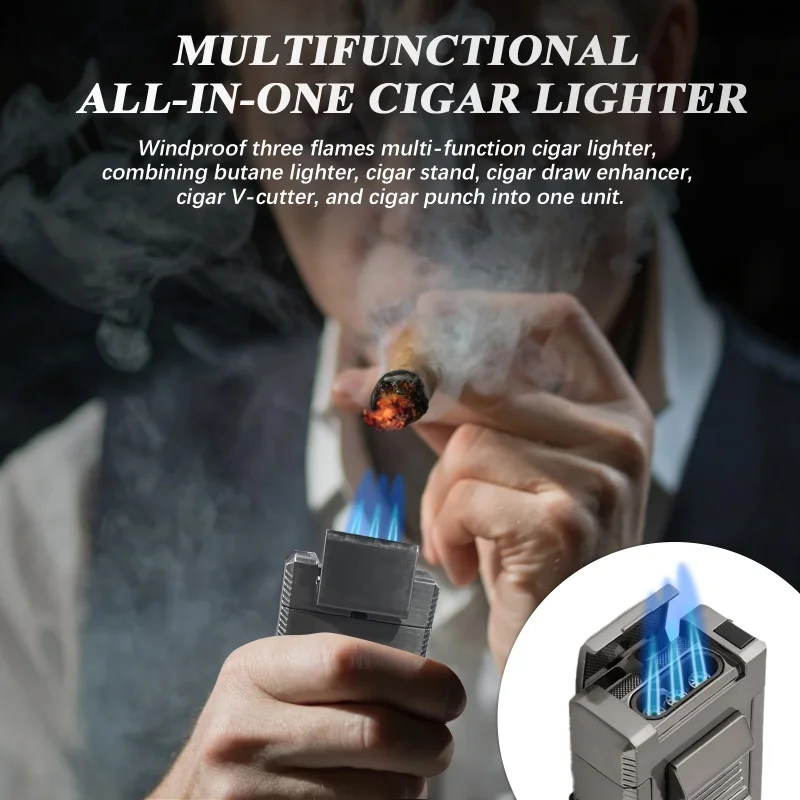 Luxury Cigar Turbo Lighter Torch Jet Windproof Butane Gas Lighter V Cutter Cigar Accessories Cigar Holder Cigar Punch Men\'s Gift