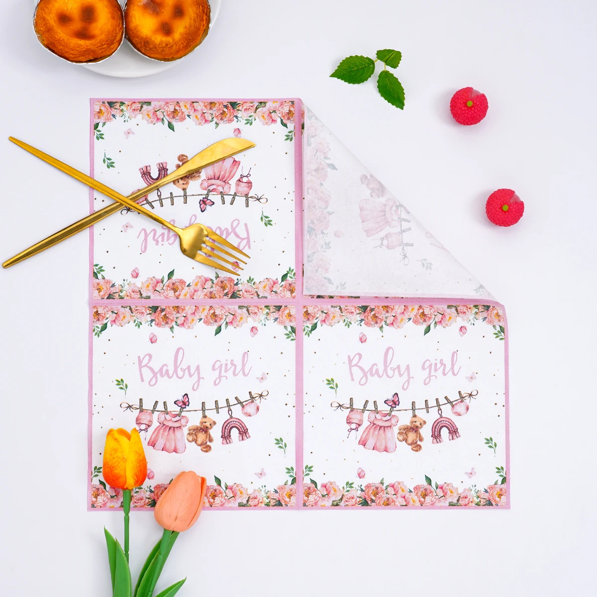 Pink Floral Baby Girl Disposable Paper Tissues Clothes Bear Pattern Disposable Napkins Girls Baby Shower Party Table Decor - view 5