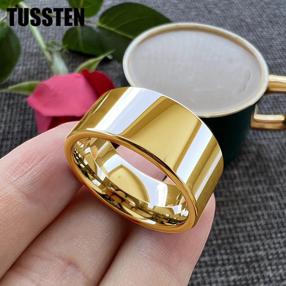 TUSSTEN-Anillo de boda brillante de tungsteno para hombre, sortija de boda grande con extremos pulidos para un ajuste cómodo, 10/12MM de ancho,