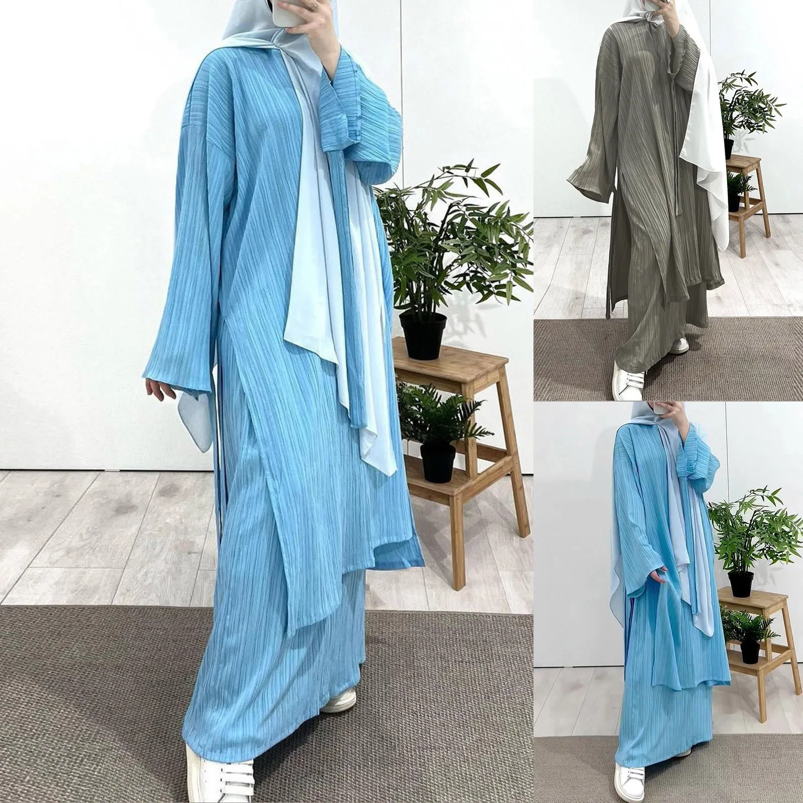 

New In Dresses Islamic Abaya Muslim Dubai, Women Clothes Turkish Bandage Top Maxi Skirts Abaya Set, Spring Summer Loose Eid Suit