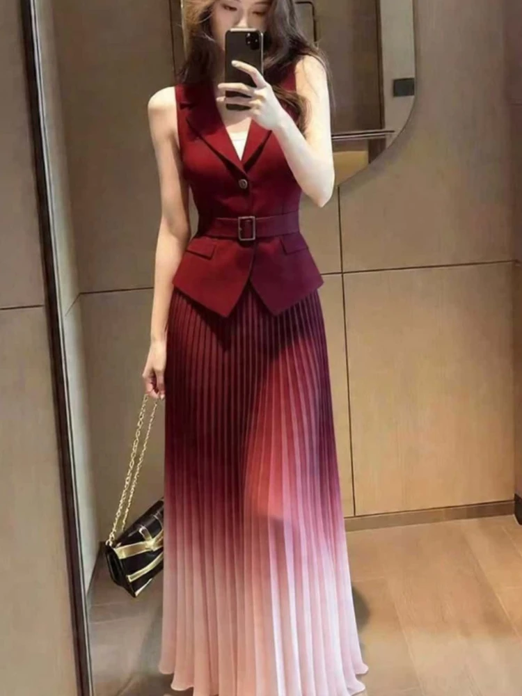 High End Office Lady Women 2 Piece Sets Simple Turn Down V Neck Slim Waist With Belt Vest Coat Pleated Gradient Long Skirts