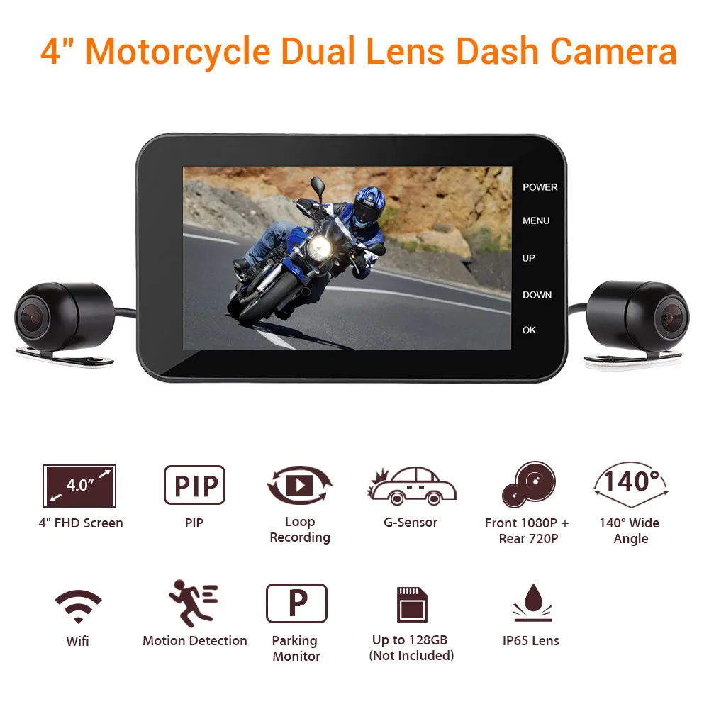 

HD 1080P Waterproof 4.0 inch Motorcycle Driving Recorder 140 Degrees Wide-Angle with WiFi Function Camera Motorcycle Dash cam