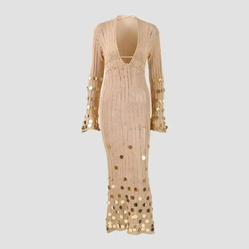 

Shinny Sequin Knitted Maxi Dress Deep Neck Lace Up High Waist Long Robes See Though Party Club Dresses 2026 Lady Clothing 1B2L