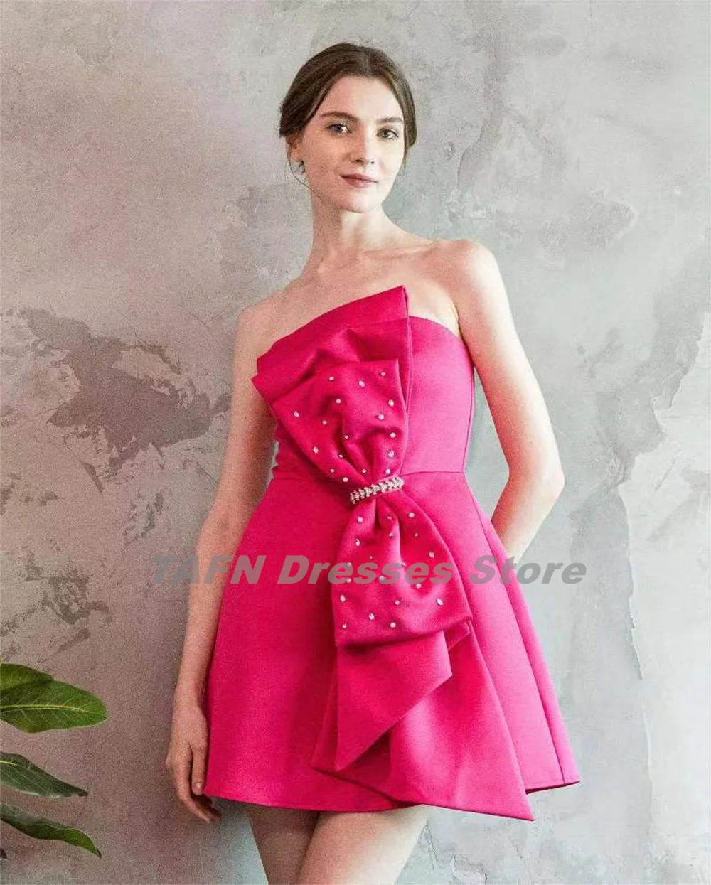 TAFN Hot Pink Mini Party Dresses Strapless A-line Big Bow Prom Gown Simple Elegant Evening Dresses Above Knee vestidos de festa