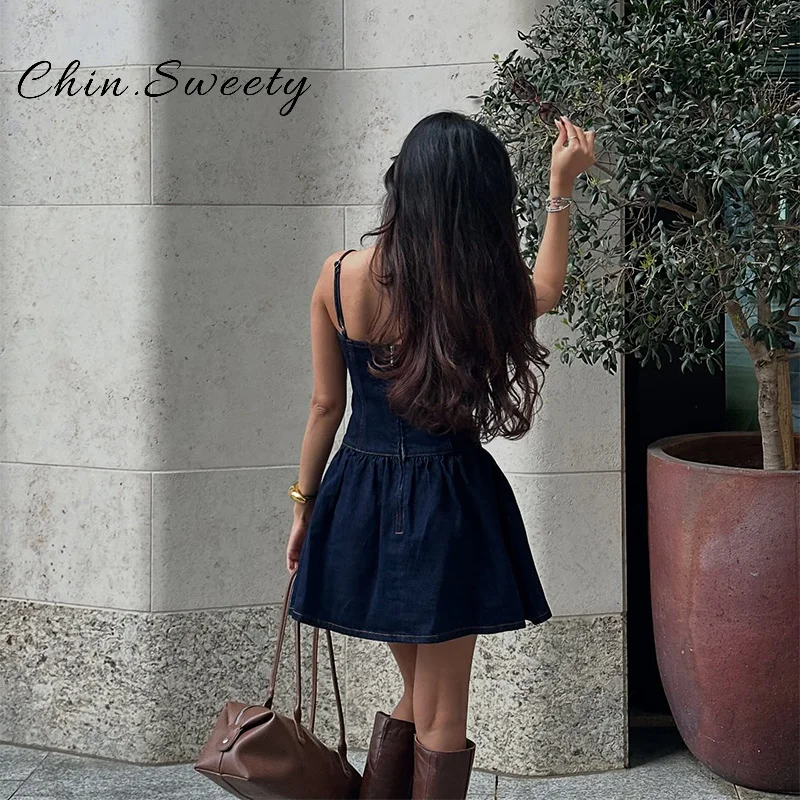 Fashion Short Denim Pleated Dress Women Solid Sleeveless Backless Zipper A-line Sling Dresses 2025 Summer Lady Chic Streetwears