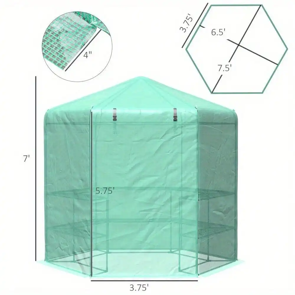 7.4' Portable Hexagonal Walk In Greenhouse 3-Tier Shelves Gardening Flower Plant