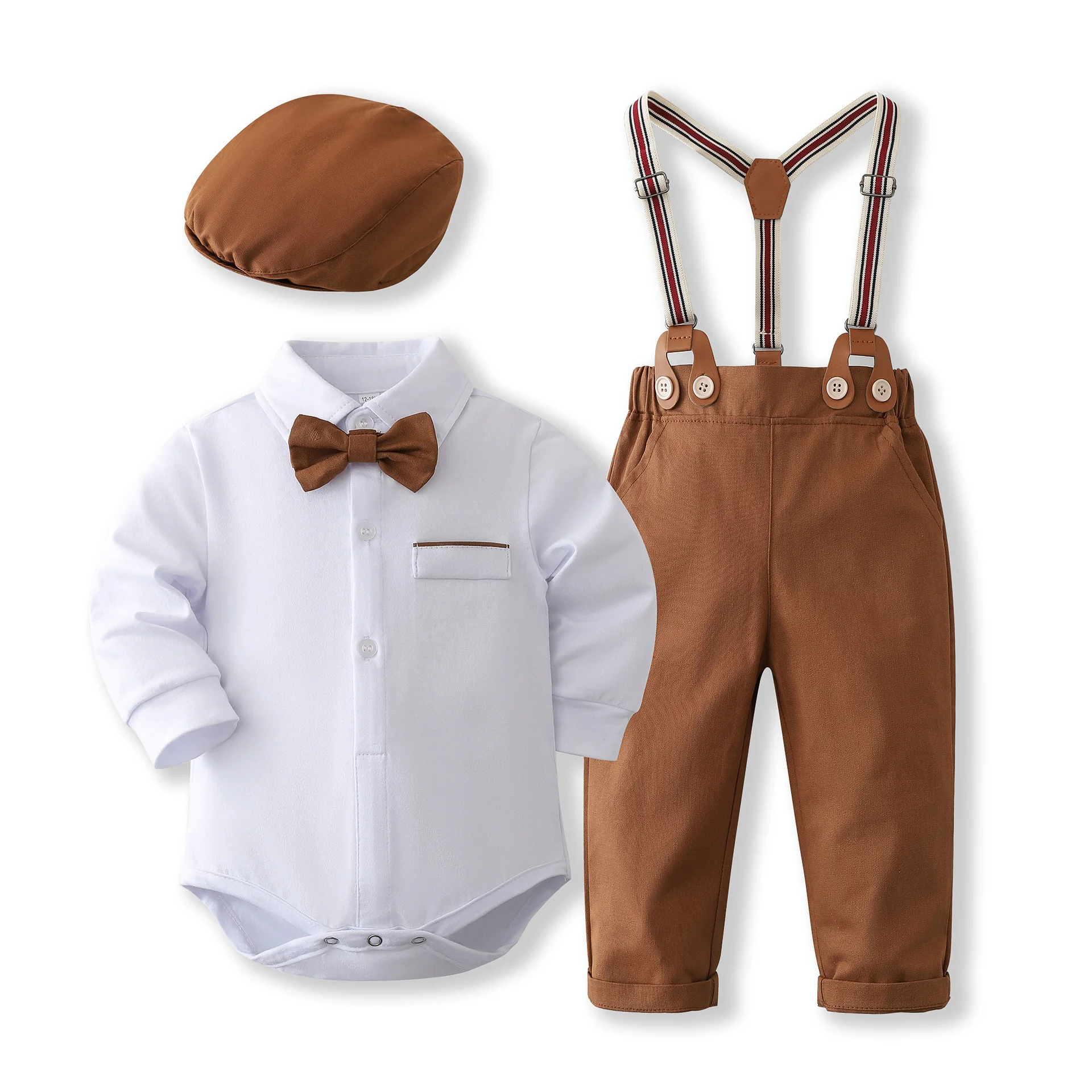 Baby Boy Romper Set Newborn Gentleman Clothes Dress Shirt Formal Infant Suit Outfits Boy Tuxedo Beret&Bowtie Shoes 0-3 3-6 Month