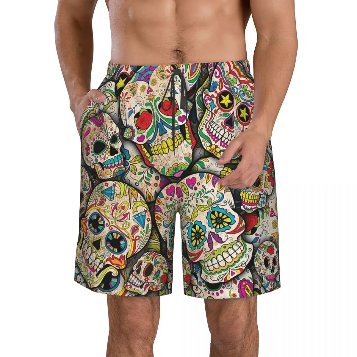 Sugar Skull Collage Trunks Beach Board Shorts Casual Quick Dry Swim Summer Men Pants