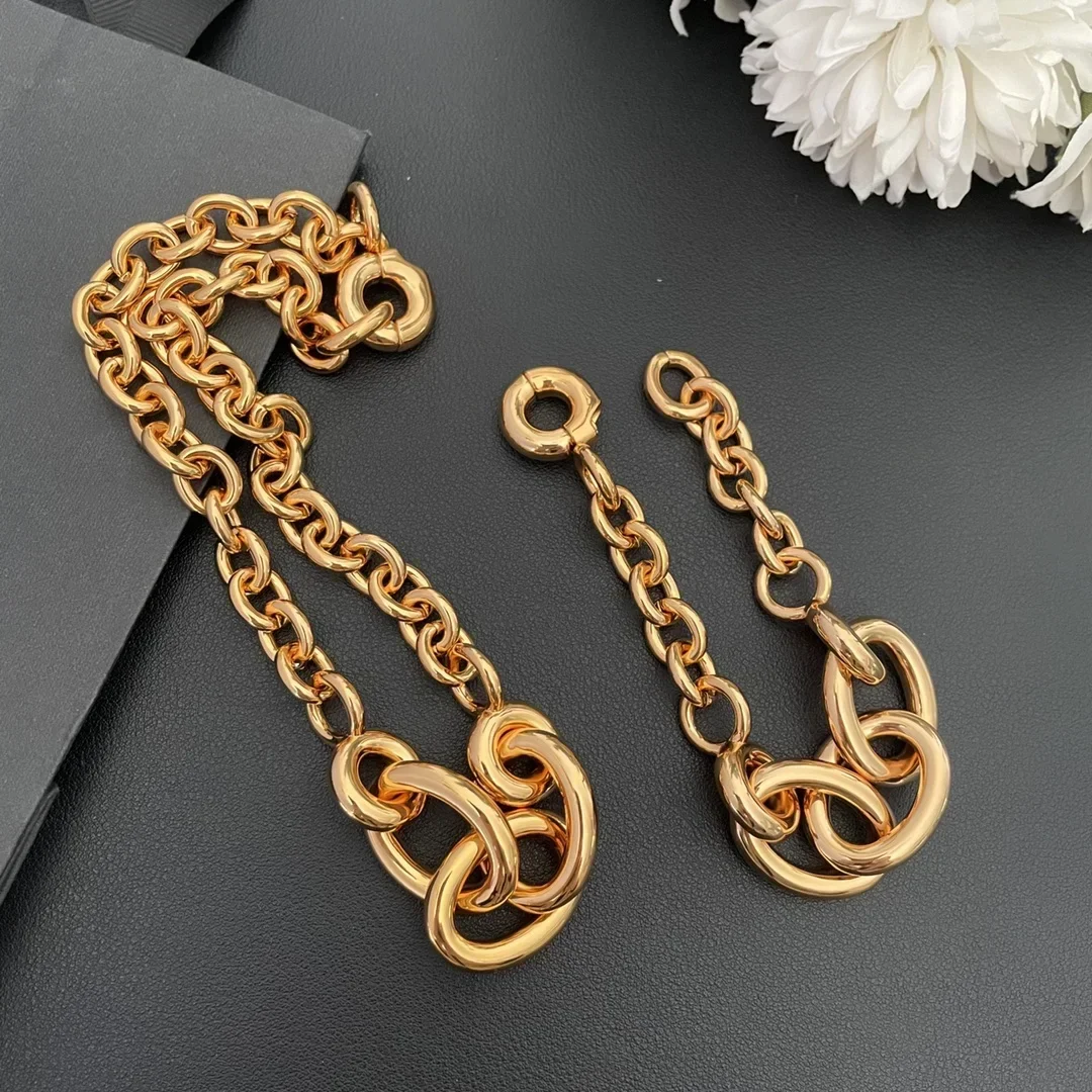 Europe America Designer Top Quality Gold Color Thick Necklace Bracelet Luxury Set Woman Fashion Jewelry Trend