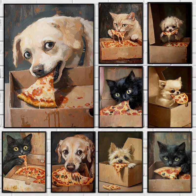 Funny Dog Cat Eating Pizza Poster Animal and Fast Food Canvas Painting Wall Art for Whimsical Kitchen Room Home Decor Mural