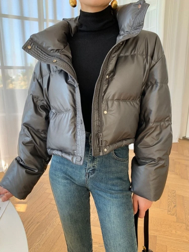 Retro Sli Design PU Leather Cotton Jaet Women's Korean Version ort Thiened Bread Sle Outerwear Stand Collar