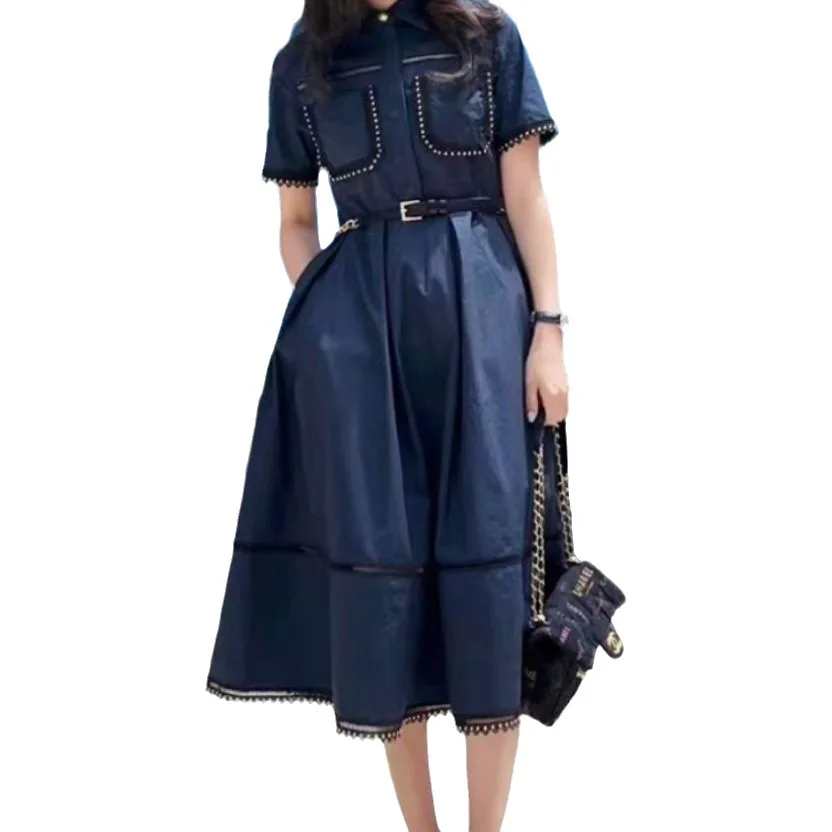 New Women Summer Vintage Shirt Dress Korean Style 2023 Chic Lace Trim Lapel High Waist A-line Female Casual Long Dresses Elegant