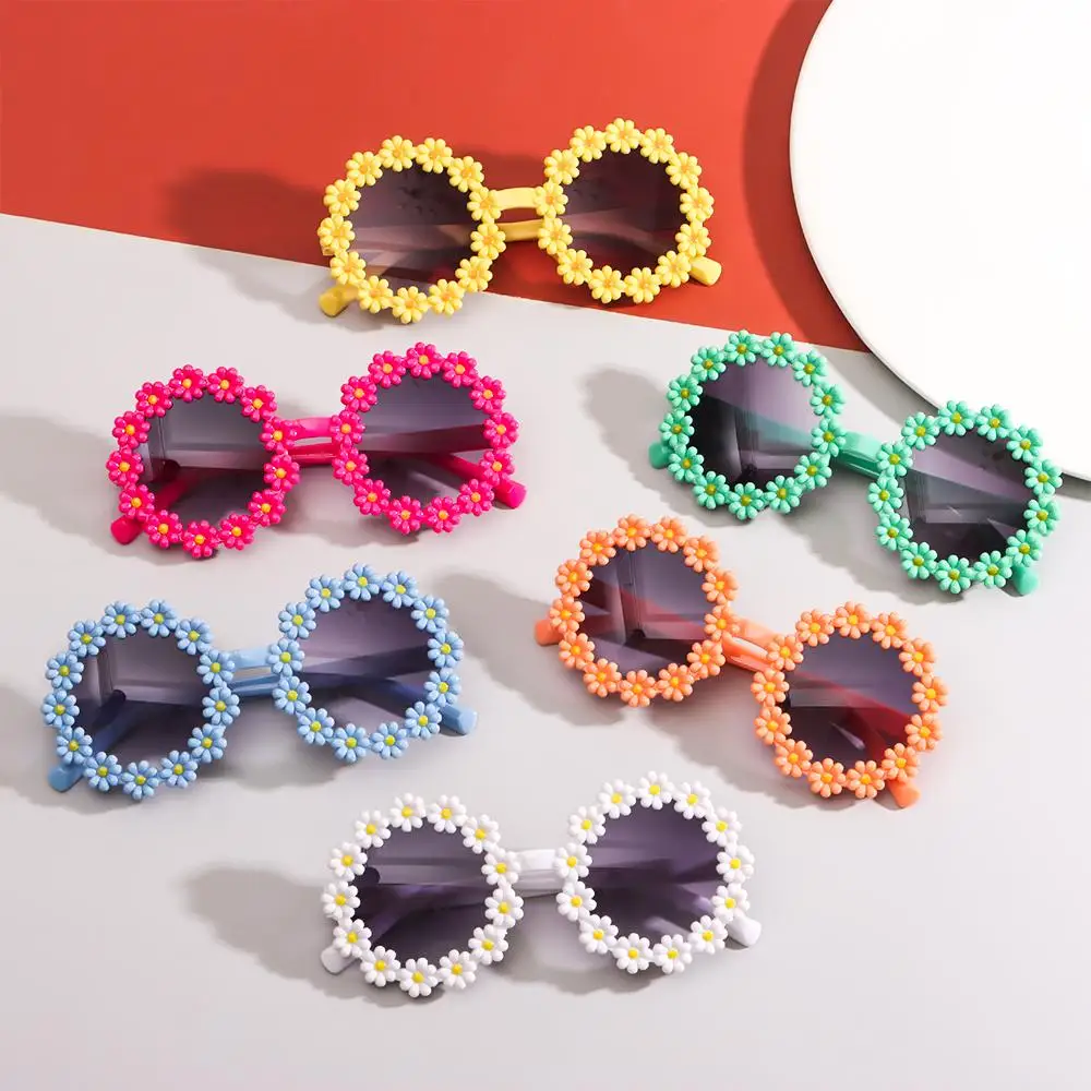 Gafas de sol de margaritas para niños, lentes de sol con montura redonda de flores, protección solar para fiesta Disco